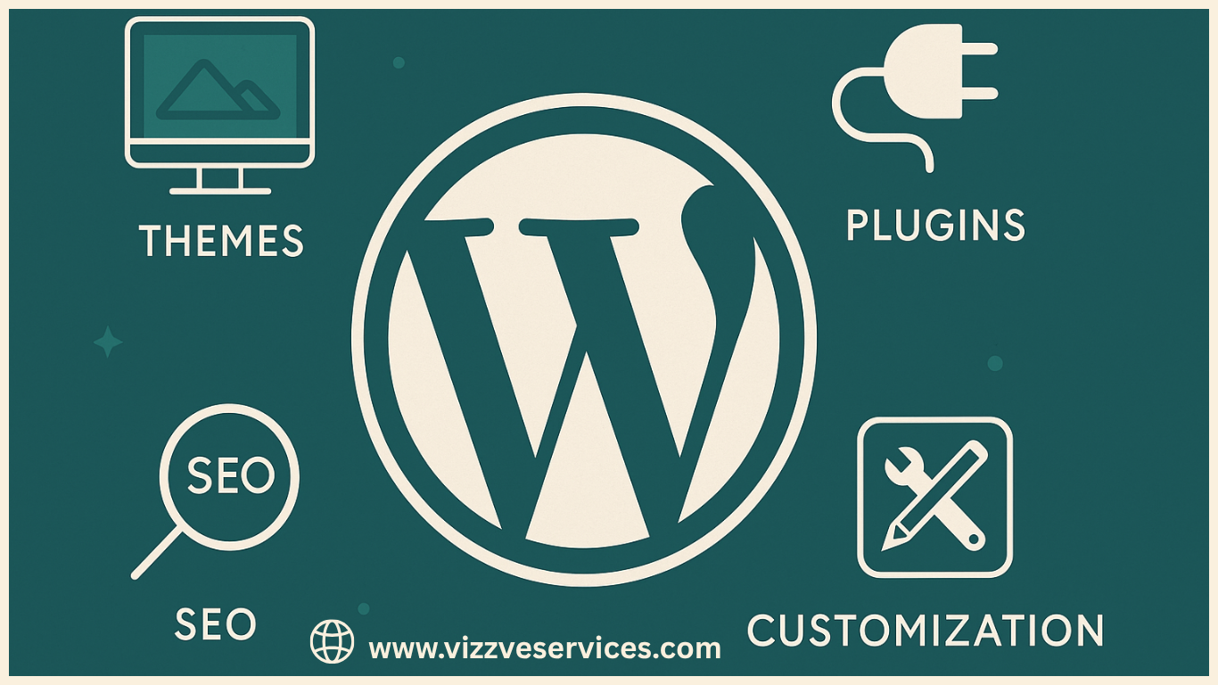 Flat illustration of WordPress surrounded by theme, plugin, and SEO icons in #205f5d color scheme